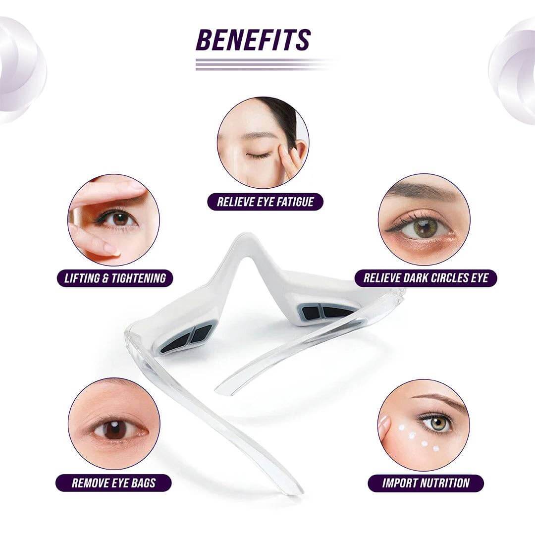 Under-eye red light therapy device benefits: relieves fatigue, dark circles, eye bags, and tightens skin.