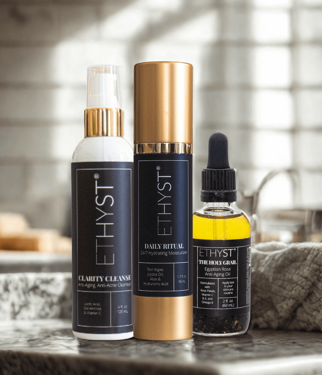 ETHYST® Trinity Biological Skincare System – 3-step routine, on bathroom counter