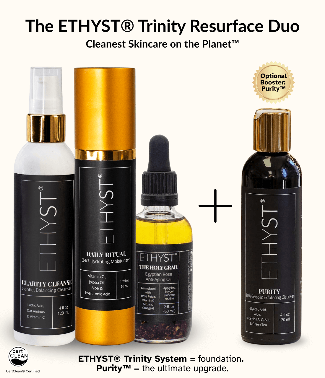 ETHYST Trinity Resurface Duo featuring Clarity Cleanse, Daily Ritual, and Purity for clean skincare.