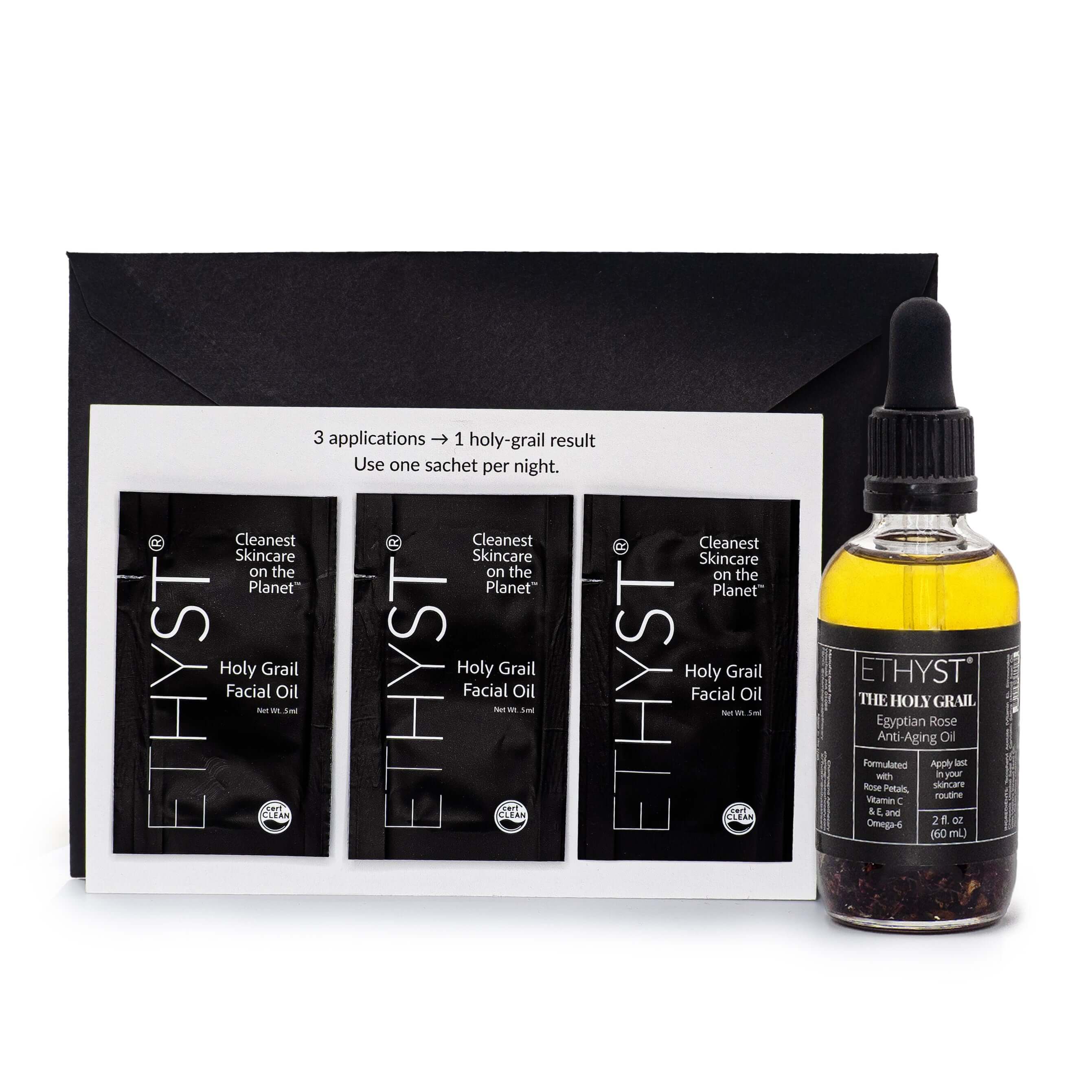 ETHYST Holy Grail Facial Oil packaging with a dropper bottle on a white background