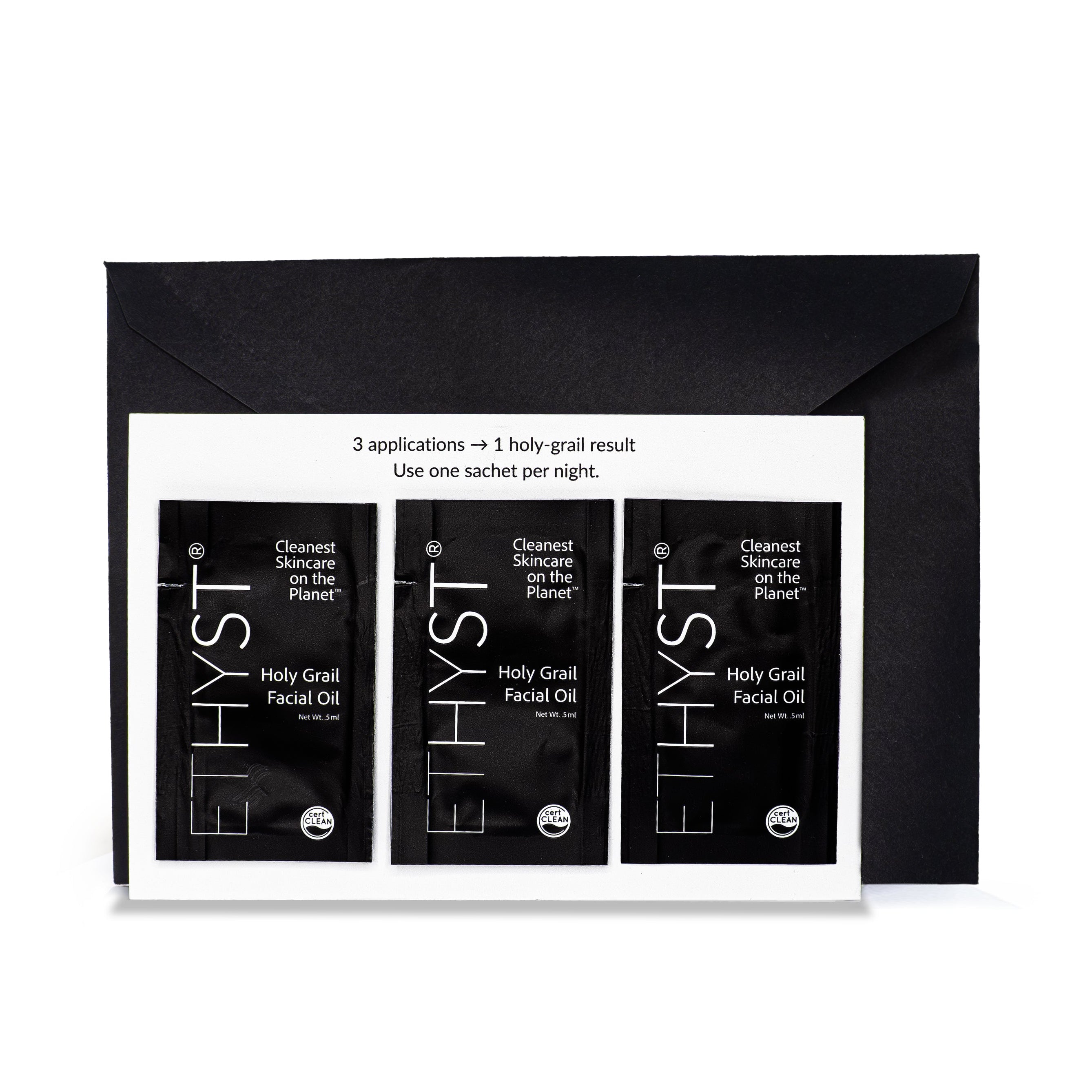 ETHYST Holy Grail Facial Oil packaging with three sachets on a white background