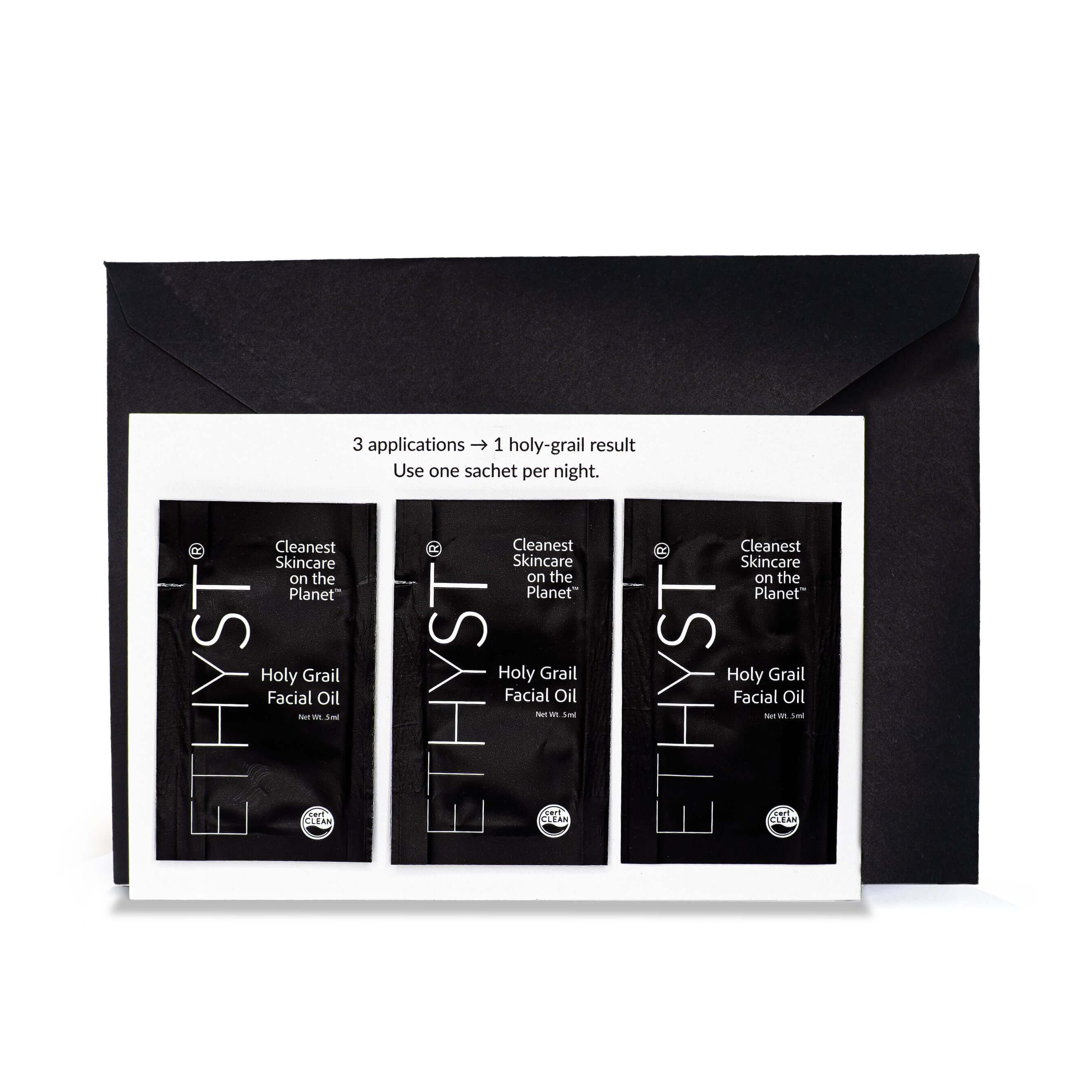 ETHYST Holy Grail Facial Oil packaging with three sachets on a white background
