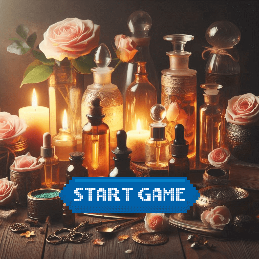 A collection of potion bottles, candles, and roses with a pixelated 'START GAME' prompt, evoking a magical atmosphere.