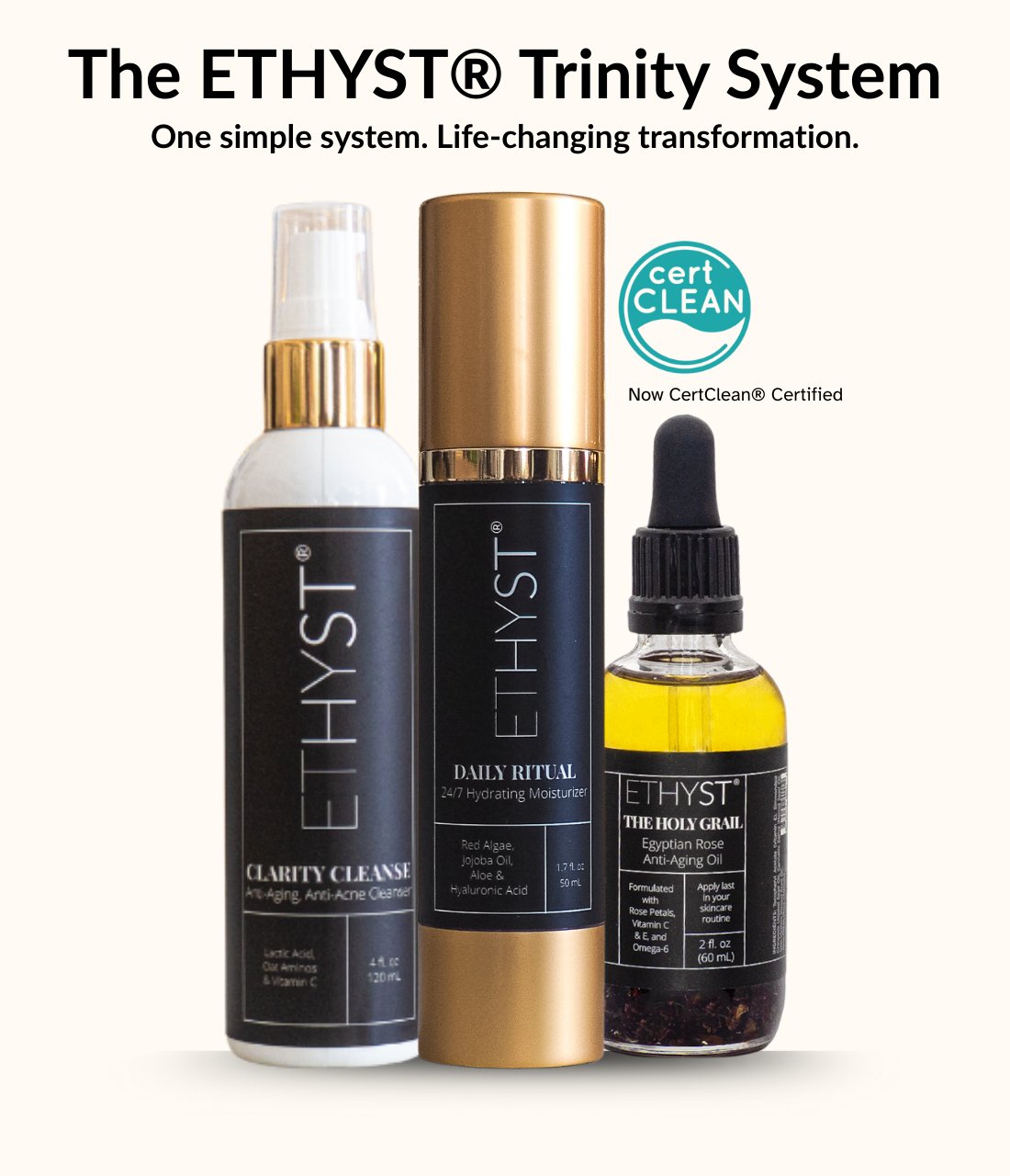 ETHYST® Microbiome-Friendly Skincare collection with eco-friendly bottles for healthy, radiant skin.