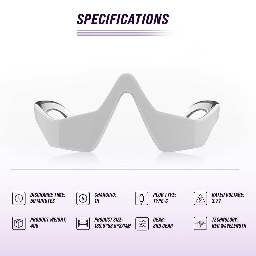 Under-eye red light therapy device specifications including size, weight, and technology details for skincare and massage.