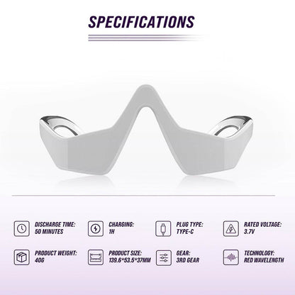 Under-eye red light therapy device specifications including size, weight, and technology details for skincare and massage.