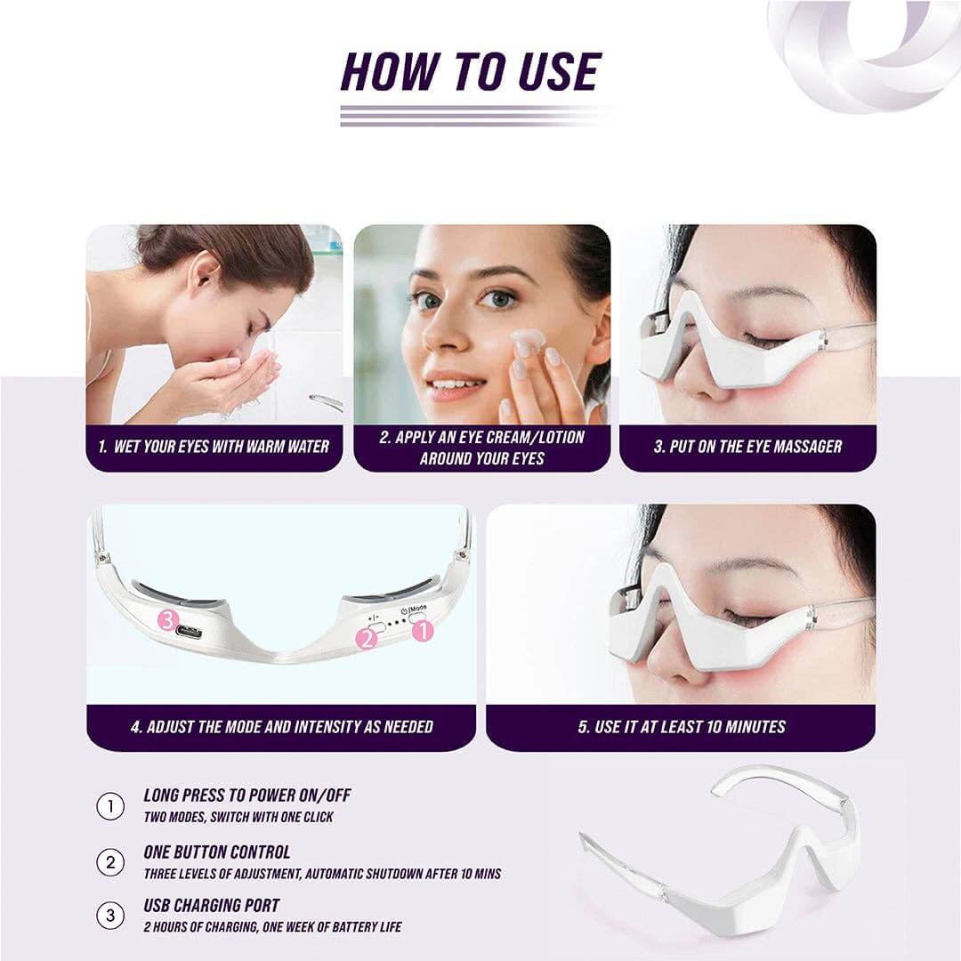 Step-by-step guide for using under-eye red light LED therapy massager.