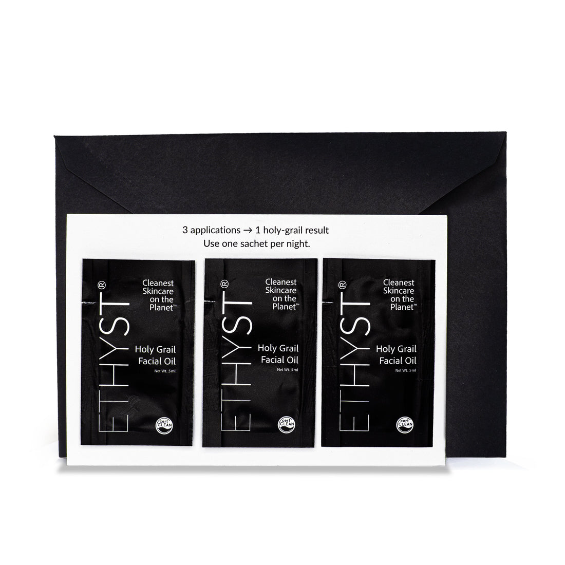 ETHYST Holy Grail Facial Oil packaging with three sachets on a white background