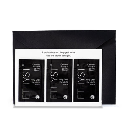 ETHYST Holy Grail Facial Oil packaging with three sachets on a white background